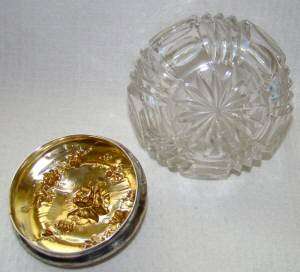 ANTIQUE STERLING SILVER ZIPPER GLASS~DRESSER JAR/POWDER POT/VANITY box 