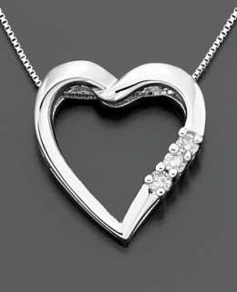 Diamond Necklace, 14k White Gold Three Stone Diamond Heart Pendant (1 