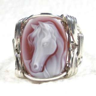 Horse Red Agate Cameo Ring Sterling Silver  
