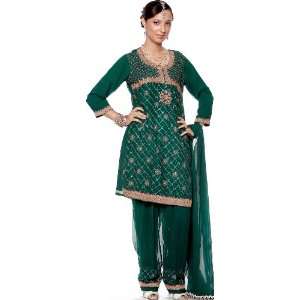  Bottle Green Salwar Kameez Suit with Antique Beadwork and 