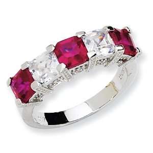    Sterling Silver Asscher cut Synthetic Ruby/CZ 5 stone Ring Jewelry
