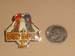 Bud Bowl 1 BUDWEISER Vtg Enamel Hat Pin Promo Super Light Bottle 