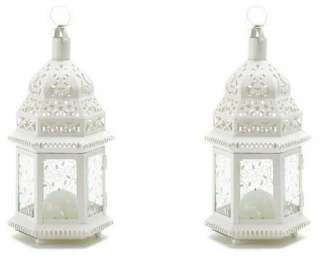   White Moroccan Metal Candle Lantern Pair Wedding Centerpiece  