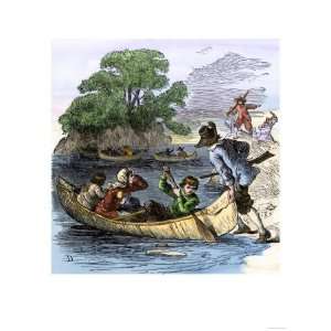 Carolina Colonists Fleeing in Canoes from a Native American Attack 