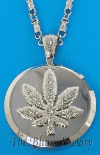 Mens Rhodium/Silver Plated Iced Out Bling Marijuana Pendant Chain 