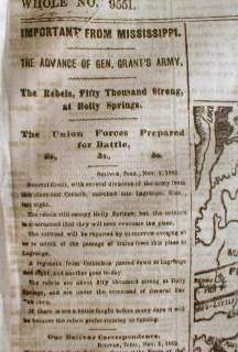 1862 Civil War newspaper Lg Map MISSISSIPPI & TENNESSEE Grant 