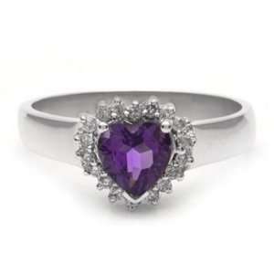  18k White Gold Amethyst and Diamond Heart Ring Size 7.5 Jewelry