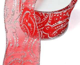 Sheer Red with Silver Glittered Design Wired Edge Ribbon   10 Yds