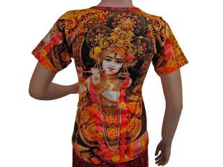 Yoga Clothing Top Fluting Krishna Print Womens T shirt Meditation Tee 