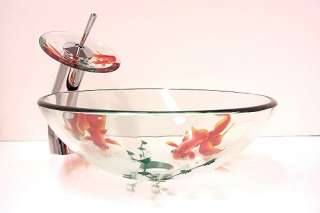 New Bath Clear Gold Fish Tempered Glass Vessel Sink Waterfall Faucet 