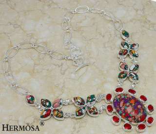 Multi Gem Mosaic Garnet Red Topaz Sterling Silver Drop Jasper Necklace 