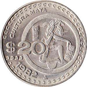1982 Mexico 20 Pesos Large Coin Cultura Maya KM#486  