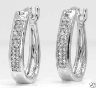 GORGEOUS SOLID 10K W GOLD EARRING TWO ROW HOOP DIAMONDS *  