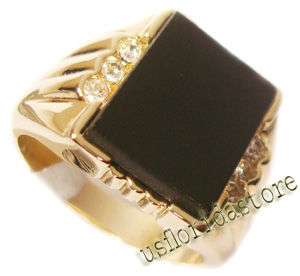 Mens Genuine Black Onyx with 6 CZ 18kt Gold Plated Ring  