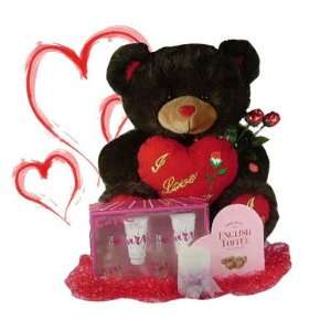  Gift Set   23 Dark Brown Bear with Heart, Candy, 2 Chocolate Roses 