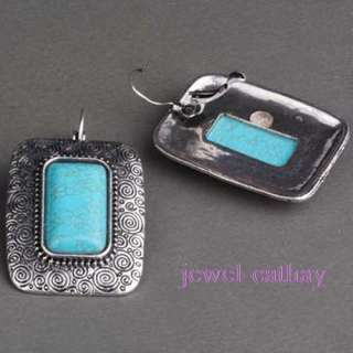 Square Turquoise & Tibet Silver with auspicious clouds Dangle Earrings