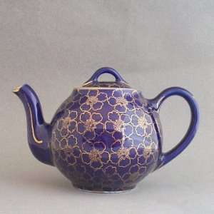  Hall China Cobalt Blue FRENCH FLOWER Gold Teapot & Lid 