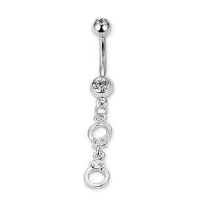   Body Piercing Double Jeweled Navel Ring with Hanging Handcuffs Charm