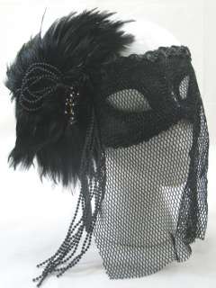 Black Veil Feather Sequin Mardi Gras Masquerade Mask  