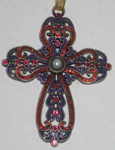   Look Metal Cross w/Red Crystals Purple Accents Hangs Wall Decor 4 NEW