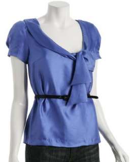Vera Wang Lavender Label periwinkle silk bow detail belted blouse 