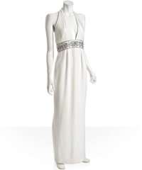  Notte by Marchesa white silk embellished waist halter gown 