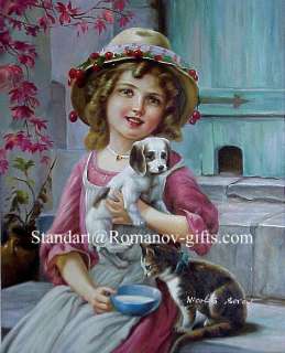Oil Painting French Victorian style Girl & puppy &cat  