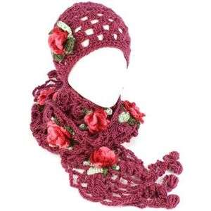   Set Crochet Flower Hand Knit Beanie Skull Ski Cap Hat and Scarf Purple