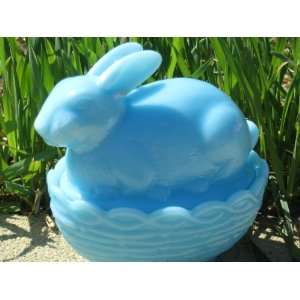  4 Blue Milk Glass Bunny Rabbit on Wooven Nest Covered 