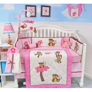 SoHo Pink Monkey Party Baby Crib Nursery Bedding Set 13 pcs included 