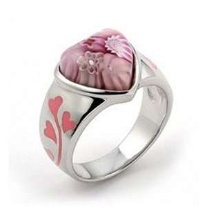  Pink Murano Glass Millefiori Heart Sterling Silver Ring 