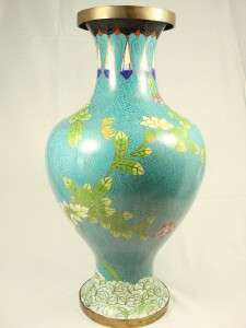   Cloisonne large blue vase yellow red white flowers gold lines 15