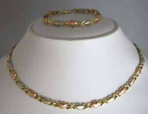 14k Yellow Rose White Gold Heart Necklace Bracelet Set  