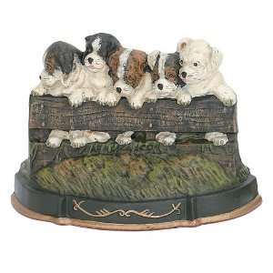  Dog Door Stop with Puppies on Fence   Cast Iron