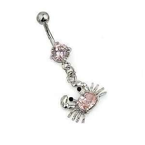  Pink Crab Belly Navel Ring Fancy CZ Gems Dangle Button 