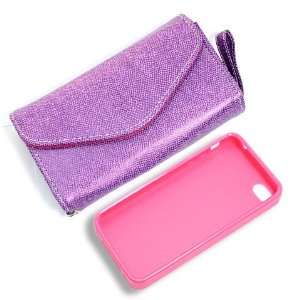  Product] Purple Wallet Card Faux Leather Flip Case+Pink Plastic 