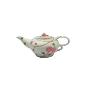  9.25 inch Small White Porcelain Rose Tea Pot w Leaves Buds 