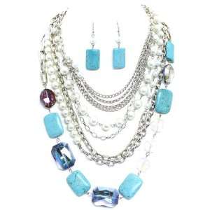 Precious Stone Layered Necklace Set; 18L With 6 Drop; Silver Metal 