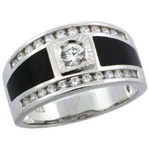 Sterling Silver Mens Black Onyx Solitaire Ring w/ CZ Stones, 7/16 in 