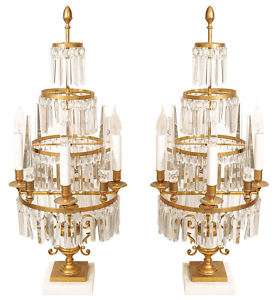 Pair Russian Bronze & Crystal Girandole Table Lamps  