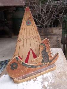   Painted Folk Art Wood Indian Canoe Teepee Great Easel Stand  
