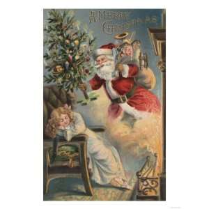 Christmas Greeting   Santa with Tree and Gifts Premium Poster Print 